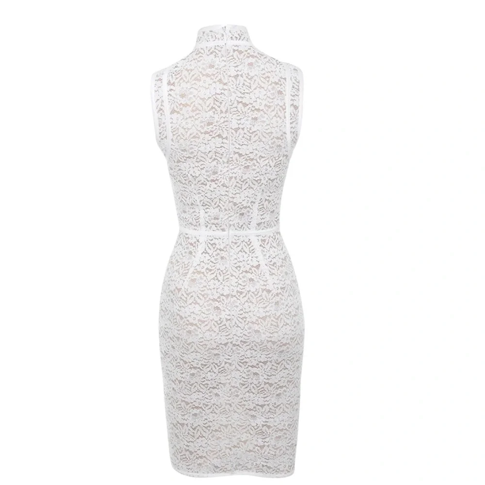 House of CB Caitlyn Lace Bodycon Dress Size Large White Sleeveless Mock Neck - Picture 3 of 10